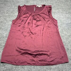 LOFT Women's Sleeveless Top Sz.Medium Burgundy Satin Ruffle Sleeve Keyhole Neck